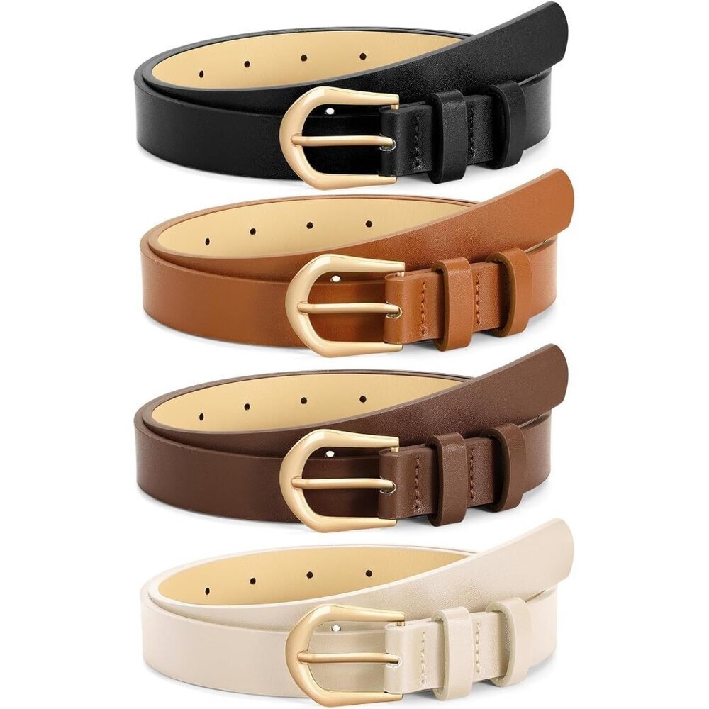 4 Pack Women's Thin Leather Belt Waist Belts  Jeans Dress with Gold Buckle 4